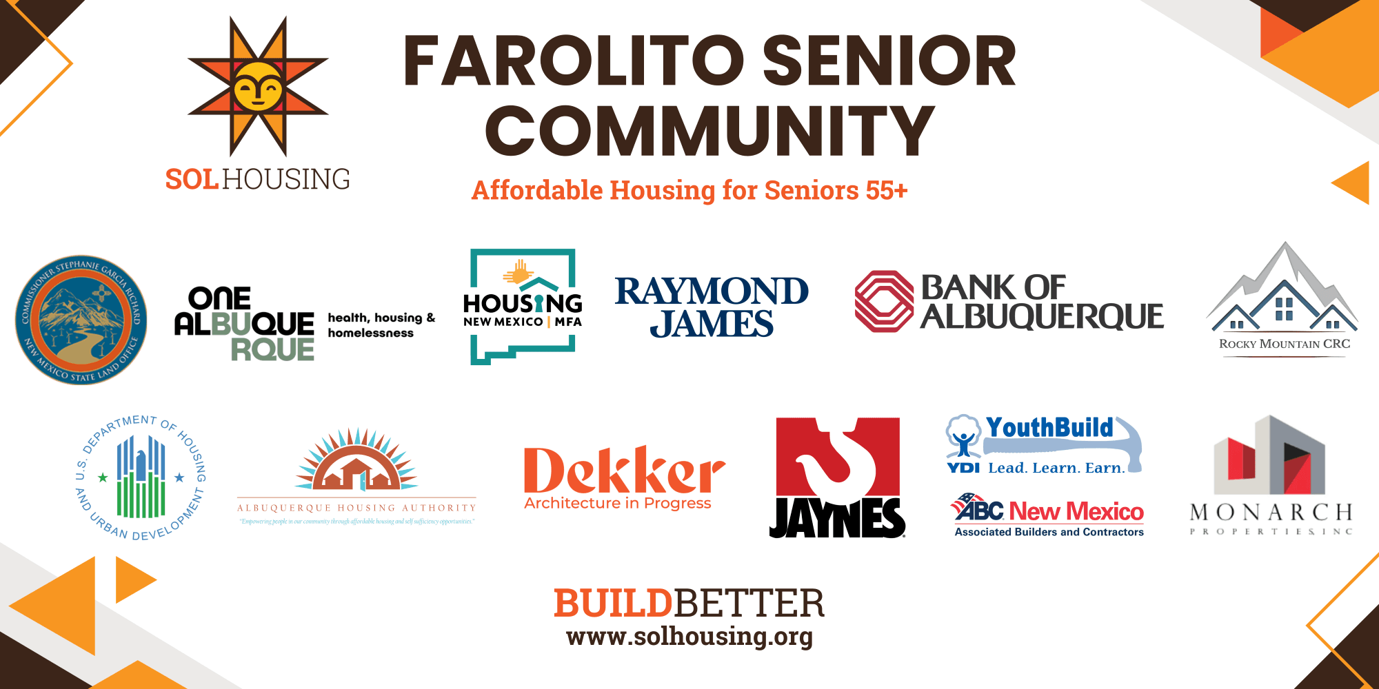 Farolito Senior Community logo on a banner, showcasing collaboration with various building partners in the community. Geometric patterns in orange and brown are in each corner.