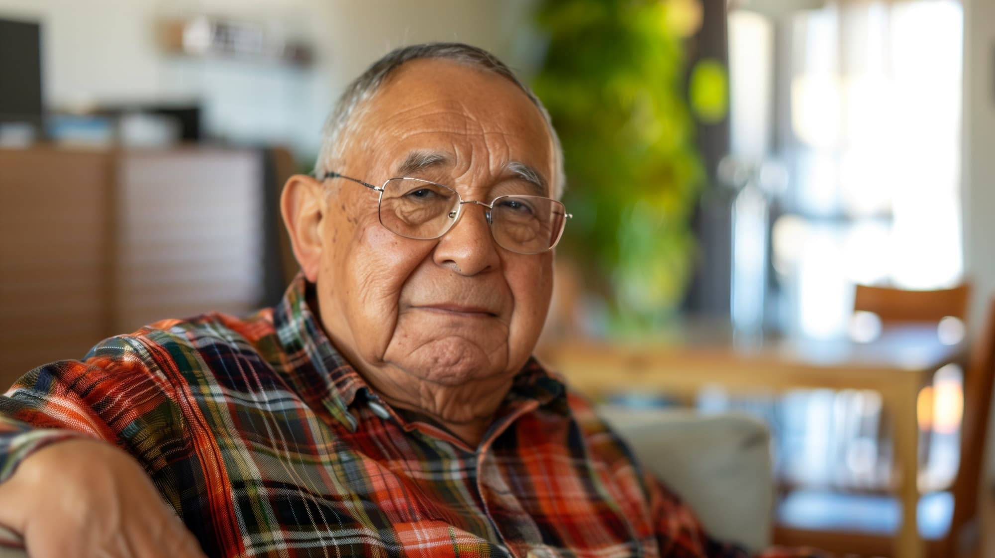 older man with glasses sitting on a chair in his apartment